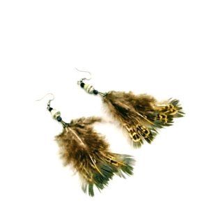 FEATHER EARRINGS W/PAPER BEAD* HANDCRAFTED*BOHEMIAN/SOUTHWEST STYLE